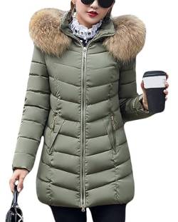 ORANDESIGNE Damen Daunenmantel Mittellange mit Pelzkragen Warm Dicker Winterjacke Slim Steppmantel Wintermantel Parka Winddicht Steppjacke Trenchcoat Elegant Winterjacke Outwear A Grün M von ORANDESIGNE