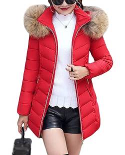 ORANDESIGNE Damen Daunenmantel Mittellange mit Pelzkragen Warm Dicker Winterjacke Slim Steppmantel Wintermantel Parka Winddicht Steppjacke Trenchcoat Elegant Winterjacke Outwear A Rot S von ORANDESIGNE