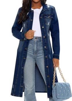 ORANDESIGNE Damen Denim Jacke Einreiher Zerrissene Übergangsjacke Mantel Outwear Trenchcoat Lange Oversize Jeansjacke Jacken F Dunkelblau XXL von ORANDESIGNE