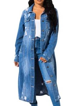 ORANDESIGNE Damen Denim Jacke Einreiher Zerrissene Übergangsjacke Mantel Outwear Trenchcoat Lange Oversize Jeansjacke Jacken I Blau XL von ORANDESIGNE