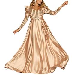 ORANDESIGNE Damen Drapiert Rückenfreies Tiefer V-Ausschnitt Schlitz Elegante Plissee Paillettenkleid Maxikleid Abendkleid Ballkleid Schaukelkleid H Gold XXL von ORANDESIGNE