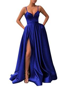 ORANDESIGNE Damen Drapiert Spaghettiträger Rückenfreies V-Ausschnitt Schlitz Elegante Maxikleid Abendkleid Fliederfarben Ballkleid A Blau L von ORANDESIGNE