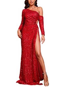 ORANDESIGNE Damen Elegant A-Linie V-Ausschnitt Abendkleid Paillettenkleid Partykleid Sexy Cocktailkleid Brautjungfer Hochzeit Glitzer Maxikleid Ballkleid Langes D Rot XXL von ORANDESIGNE