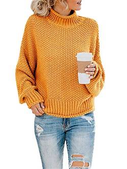 ORANDESIGNE Damen Elegant Rollkragenpullover Oversize Langarm Beiläufige Grobstrickpullover Strickpullover Sweatshirts A Gelb XXL von ORANDESIGNE