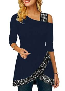 ORANDESIGNE Damen Glitzer Shirt Langarm Bluse One Shoulder Oberteile Schön Glänzend Longshirt Casual Elegante Festlich Mode Glitzertop Rundhals Longline Pailletten Bluse Tunika A Blau L von ORANDESIGNE