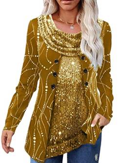 ORANDESIGNE Damen Glitzer Shirt Langarm Bluse One Shoulder Oberteile Schön Glänzend Longshirt Casual Elegante Festlich Mode Glitzertop Rundhals Longline Pailletten Bluse Tunika E Gold L von ORANDESIGNE