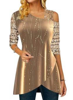 ORANDESIGNE Damen Glitzer Shirt Langarm Bluse One Shoulder Oberteile Schön Glänzend Longshirt Casual Elegante Festlich Mode Glitzertop Rundhals Longline Pailletten Bluse Tunika H Gold XL von ORANDESIGNE