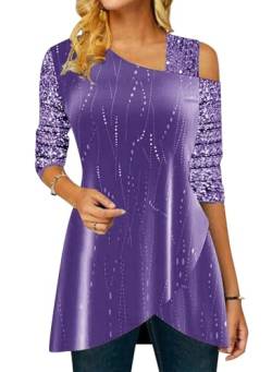 ORANDESIGNE Damen Glitzer Shirt Langarm Bluse One Shoulder Oberteile Schön Glänzend Longshirt Casual Elegante Festlich Mode Glitzertop Rundhals Longline Pailletten Bluse Tunika H Violett 3XL von ORANDESIGNE