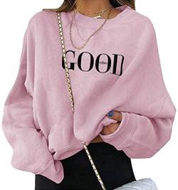 ORANDESIGNE Damen Good Vibes Sweatshirt Buchstaben Druck Langarm Rundhals Pullover Bauchfrei Warm Pulli Oversized Casual Bequem Teenager Mädchen Hoodie Sportbekleidung A Rosa S von ORANDESIGNE