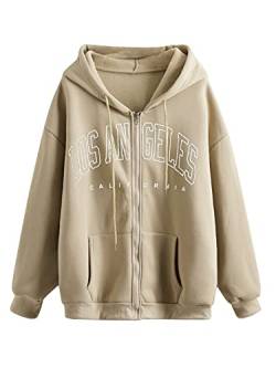 ORANDESIGNE Damen Grafikdruck Hoodie Jacke Teenager Mädchen Oversize Vintage Reißverschluss Kapuzenjacke Zip Up Kapuzenpullover Sweatshirt mit Kapuze 90er Y2K E-Girl Übergangsjacke K Khaki S von ORANDESIGNE