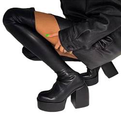 ORANDESIGNE Damen High Heel Ritterstiefel Klobiger Absatz Lederstiefel Frauen Plateau Schwarz Winterstiefel Roune Zehe Partyschuhe mit Reißverschluss C Schwarz 39 EU von ORANDESIGNE