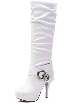 ORANDESIGNE Damen High Heels Plateau Stiefel mit hohen Absätzen Stöckelschuhe Elegante Stiefel mit Strasssteinen Gürtelschnalle C Weiß 43 EU von ORANDESIGNE