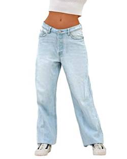 ORANDESIGNE Damen High Waist Jeans mit weitem Bein Straight Denim Pants Lässige Baggy Zerrissene Distressed Hosen Y2k Streetwear C Hellblau S von ORANDESIGNE