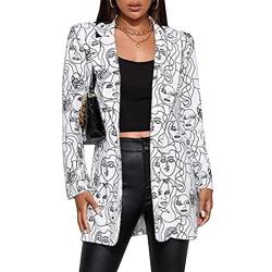 ORANDESIGNE Damen Jacke Büro Office Suit Langarm Sakkos Poster Blumenmuster Leopardenmuster Jacke Business Anzüge Mantel Geschäft Outwear J Weiß S von ORANDESIGNE