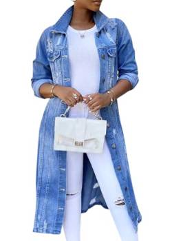 ORANDESIGNE Damen Jeans Denim Jacke Blouson Übergangsjacke Mantel Outwear Trenchcoat Frühling Lange Cut Out OversizeJacke Jacken E Blau 3XL von ORANDESIGNE