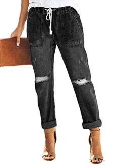 ORANDESIGNE Damen Jeans Freizeithose Jeanshose Locker Lang Hose Ripped Loch Streetwear Hosen mit Gummizug Schwarz XX-Large von ORANDESIGNE