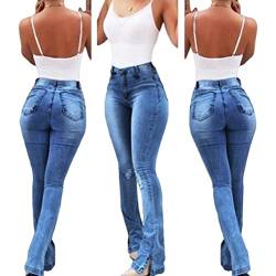ORANDESIGNE Damen Jeans mit Schlaghose für Frauen Hoch Tailliert Schlaghosen mit Klassisch Weitem Bein Zerrissene Denim Hosen Kurvige Bootcut Stretch Jeans A Dunkelblau L von ORANDESIGNE