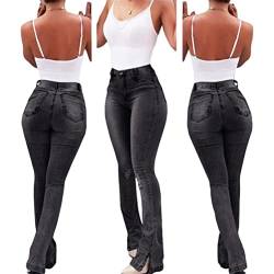 ORANDESIGNE Damen Jeans mit Schlaghose für Frauen Hoch Tailliert Schlaghosen mit Klassisch Weitem Bein Zerrissene Denim Hosen Kurvige Bootcut Stretch Jeans A Schwarz L von ORANDESIGNE