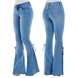 ORANDESIGNE Damen Jeans mit Schlaghose für Frauen Hoch Tailliert Schlaghosen mit Klassisch Weitem Bein Zerrissene Denim Hosen Kurvige Bootcut Stretch Jeans B Dunkelblau XS von ORANDESIGNE