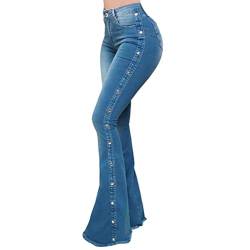 ORANDESIGNE Damen Jeans mit Schlaghose für Frauen Hoch Tailliert Schlaghosen mit Klassisch Weitem Bein Zerrissene Denim Hosen Kurvige Bootcut Stretch Jeans D Blau L von ORANDESIGNE