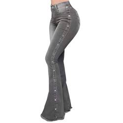 ORANDESIGNE Damen Jeans mit Schlaghose für Frauen Hoch Tailliert Schlaghosen mit Klassisch Weitem Bein Zerrissene Denim Hosen Kurvige Bootcut Stretch Jeans D Grau L von ORANDESIGNE