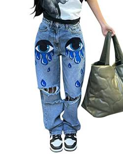 ORANDESIGNE Damen Jeanshosen mit Hoher Taille Y2K Style Harajuku E-Girl Streetwear Hose Casual Weite Baggy Denimhose Vintage Schlaghosen T Hellblau XL von ORANDESIGNE