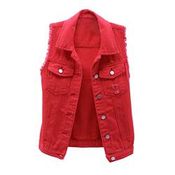 ORANDESIGNE Damen Jeansjacke Casual Übergangsjacke Lange Ärmel Kurzjacke Denim Jacke Jeansweste Ärmellos Frühling Sommer Weste College Style Zerrissene Jeansweste Denim Weste B Rot M von ORANDESIGNE