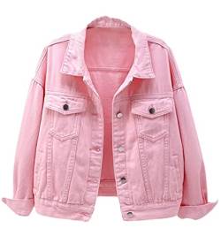 ORANDESIGNE Damen Jeansjacke Einfarbige Übergangsjacke All-Match-Jeansjacke im Casual Style Damen Jeansjacke mit Klapptasche und Knöpfen E Rosa 3XL von ORANDESIGNE