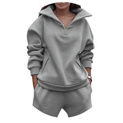 ORANDESIGNE Damen Jogginganzug Frauen Fleece 2 Stück Outfits Jogginganzug Pullover mit Halbem Reißverschluss Sweatshirt + Jogginghosen Trainingsanzug Set Sportanzug D Grau S von ORANDESIGNE