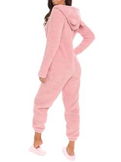 ORANDESIGNE Damen Jumpsuit Onesie Overall Einteiler Pyjama Schlafanzug Warm Coral Fleece Nachtwäsche Süße Bär Ganzkörperanzug Hausanzug Mit Kapuze Reißverschluss C Rosa XXL von ORANDESIGNE