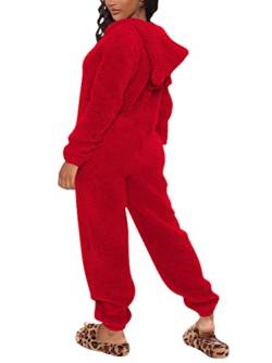 ORANDESIGNE Damen Jumpsuit Onesie Overall Einteiler Pyjama Schlafanzug Warm Coral Fleece Nachtwäsche Süße Bär Ganzkörperanzug Hausanzug Mit Kapuze Reißverschluss C Rot XS von ORANDESIGNE