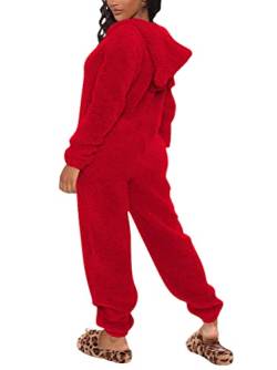ORANDESIGNE Damen Jumpsuit Onesie Overall Einteiler Pyjama Schlafanzug Warm Coral Fleece Nachtwäsche Süße Bär Ganzkörperanzug Hausanzug Mit Kapuze Reißverschluss C Rot XXL von ORANDESIGNE