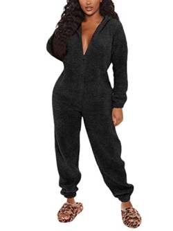 ORANDESIGNE Damen Jumpsuit Onesie Overall Einteiler Pyjama Schlafanzug Warm Coral Fleece Nachtwäsche Süße Bär Ganzkörperanzug Hausanzug Mit Kapuze Reißverschluss C Schwarz S von ORANDESIGNE