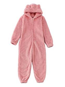 ORANDESIGNE Damen Jumpsuit Onesie Overall Einteiler Pyjama Schlafanzug Warm Coral Fleece Nachtwäsche Süße Bär Ganzkörperanzug Hausanzug Mit Kapuze Reißverschluss Kinder Rosa 6-7 Jahre von ORANDESIGNE