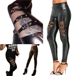 ORANDESIGNE Damen Kunstleder Leggings High Waist Leggings Hose Strumpfhosen Treggins Leggins Kunstleder E Schwarz XS Leggings Leder Look hüfthoch von ORANDESIGNE