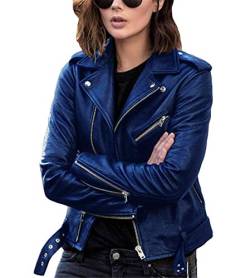 ORANDESIGNE Damen Kunstlederjacke Übergangsjacke Reißverschluss Langarm Motorradjacke Bikerjacke Kurzmantel Reverskragen Outwear Jacke Kurze Blau 3XL von ORANDESIGNE