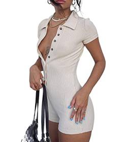 ORANDESIGNE Damen Kurzarm Bodysuit mit sexy V-Ausschnitt Button Stretch Unterwäsche Body N Beige S von ORANDESIGNE