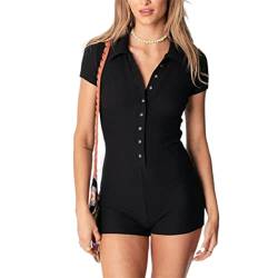 ORANDESIGNE Damen Kurzarm Bodysuit mit sexy V-Ausschnitt Button Stretch Unterwäsche Body R Schwarz XS von ORANDESIGNE