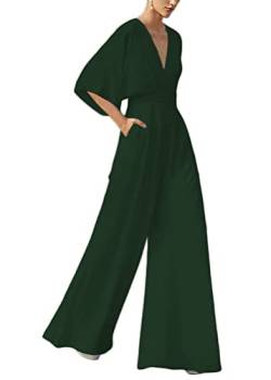 ORANDESIGNE Damen Kurzarm V-Ausschnitt Elegant Lang Jumpsuit Overall mit Gürtel Hosenanzug Playsuit Romper Schulterausschnitt Hose mit weitem Bein B Dunkelgrün XL von ORANDESIGNE