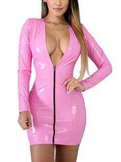 ORANDESIGNE Damen Kurzes Wetlook Kleid mit Langen Ärmeln Sexy Clubwear Partykleid 10-rosa XS von ORANDESIGNE