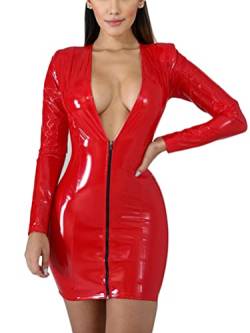 ORANDESIGNE Damen Kurzes Wetlook Kleid mit Langen Ärmeln Sexy Clubwear Partykleid 10-rot S von ORANDESIGNE