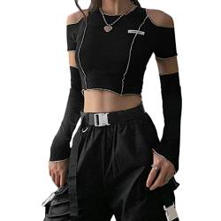 ORANDESIGNE Damen Langarm T-Shirt T2K Unregelmäßige Patchwork Crop Tops Frauen Aushöhlen Neckholder Crop Camis mit Halbarmhandschuhen Schulterfrei Harajuku Tee Shirt E-Girl Streetwear C Schwarz XS von ORANDESIGNE