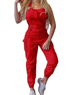 ORANDESIGNE Damen Latzhose Arbeitshose Lange Hose Overall Jumpsuit Playsuit Sommer Einfarbig Spielanzug Rompers A Rot 3XL von ORANDESIGNE