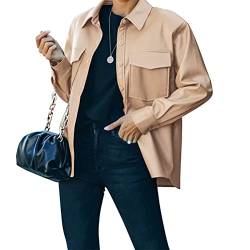 ORANDESIGNE Damen Lederhemd Knopfleiste PU Lederblazer Lederjacke Blusenjacke Langarm Einreiher Kunstleder Blusen mit Brusttasche A Khaki M von ORANDESIGNE