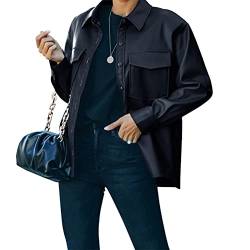 ORANDESIGNE Damen Lederhemd Knopfleiste PU Lederblazer Lederjacke Blusenjacke Langarm Einreiher Kunstleder Blusen mit Brusttasche A Schwarz L von ORANDESIGNE