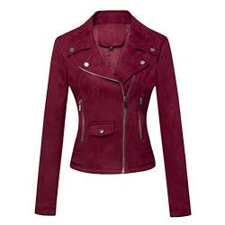 ORANDESIGNE Damen Lederjacken Kurze PU Jacke Schlank Dünne Reißverschluss Kunstleder Revers Lederjacke Motorradjacke Kurze Lederjacke Wildlederjacke Bikerjacken mit 2 Tasche B Weinrot XL von ORANDESIGNE