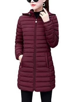 ORANDESIGNE Damen Leichte Übergangsjacke Steppjacke mit Kapuze Mittellang Mantel Winterjacke Warme Daunenjacke Reißverschluss Sportjacke Freizeit Outdoorjacke Basic Casual B Weinrot XL von ORANDESIGNE