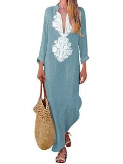 ORANDESIGNE Damen Maxi Kleid Frauen Boho Baggy Lose Langarm V-Ausschnitt Blumendruck Leinen Kaftan Tunika Langes Strandkleid Abendkleid A Blau L von ORANDESIGNE