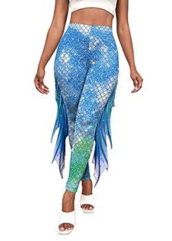 ORANDESIGNE Damen Meerjungfrau Leggings mit Flossen Hohe Taille Fischschuppen Strumpfhosen Halloween Karneval Kostüm Skinny Hose Mermaid Trousers Schuppenmuster Leggings A Blau M von ORANDESIGNE