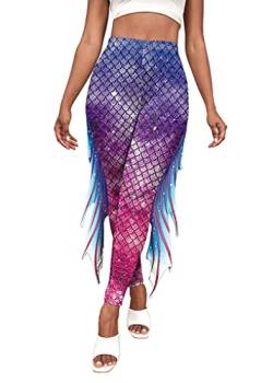 ORANDESIGNE Damen Meerjungfrau Leggings mit Flossen Hohe Taille Fischschuppen Strumpfhosen Halloween Karneval Kostüm Skinny Hose Mermaid Trousers Schuppenmuster Leggings A Violett XL von ORANDESIGNE